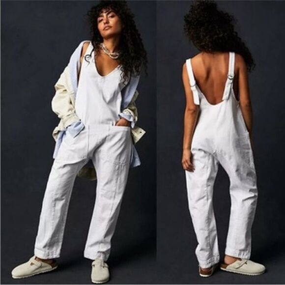 Free People High Roller Denim Jumpsuit Overalls in Optic White | L - Picture 1 of 10